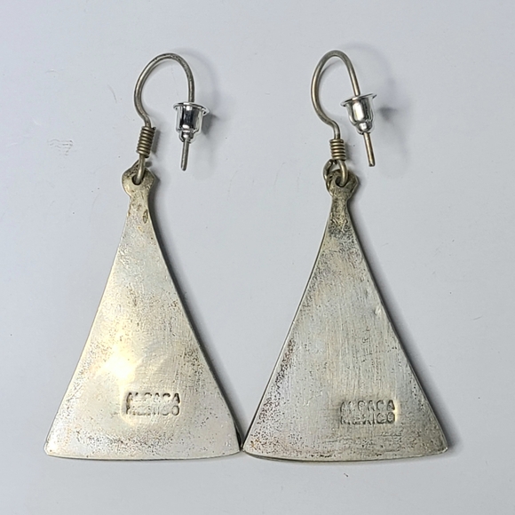 Vintage Alpaca Mexico Triangle Stripe Abalone Shell Dangle Earrings - Picture 4 of 6